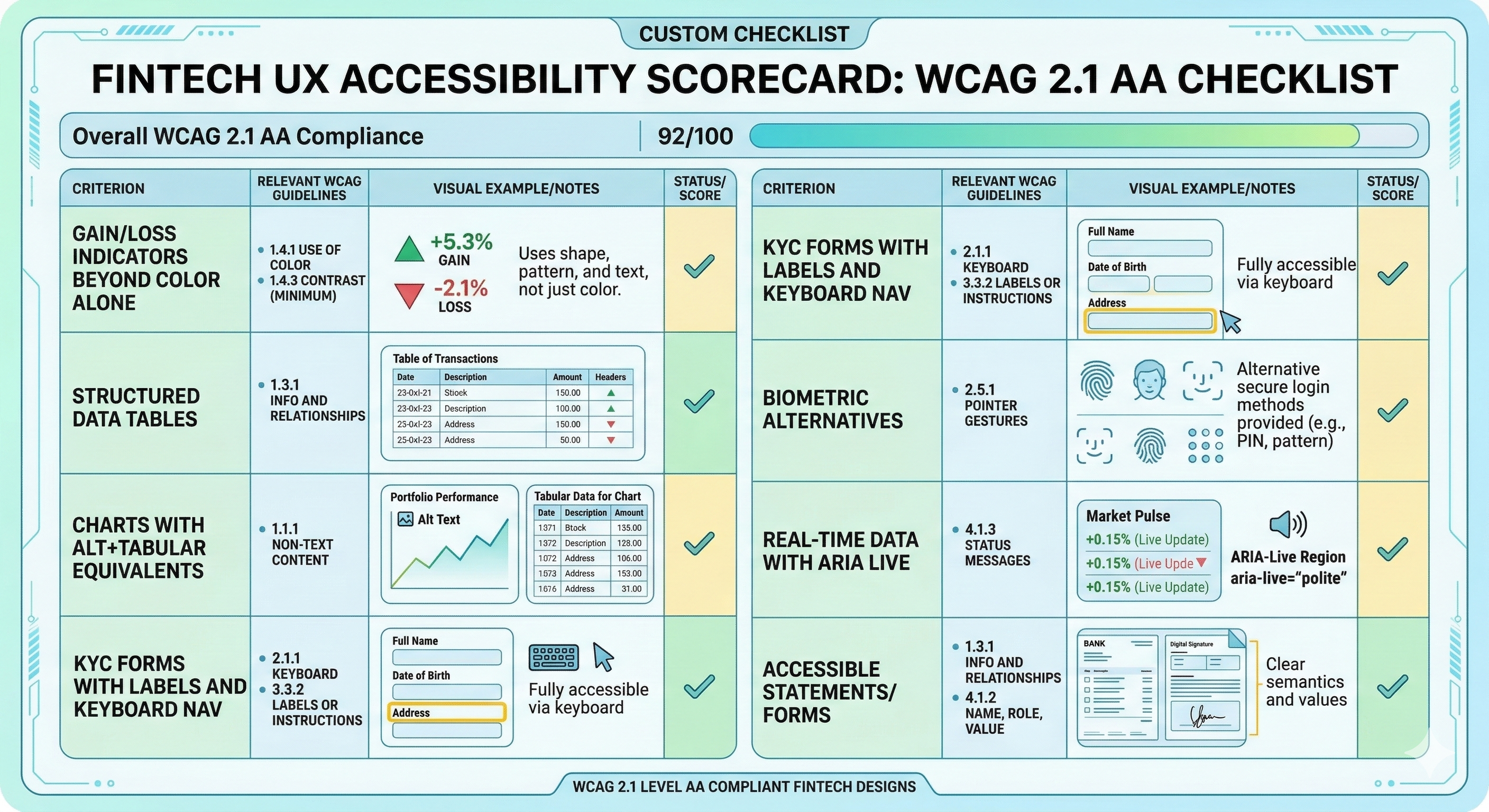 Checklist-style visual highlighting common accessibility requirements relevant to fintech interfaces.