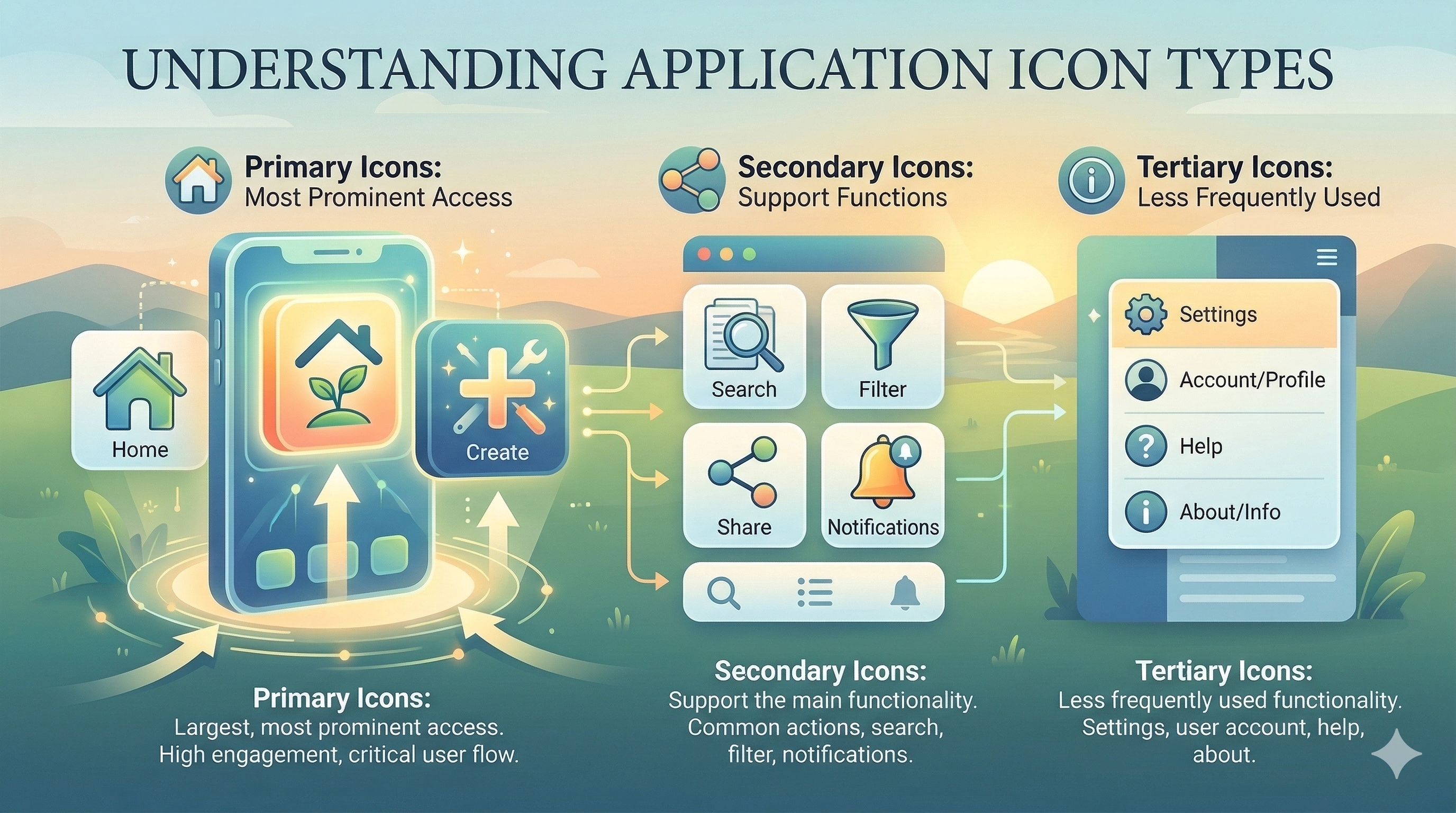 Various application icon designs showing different styles from flat to skeuomorphic