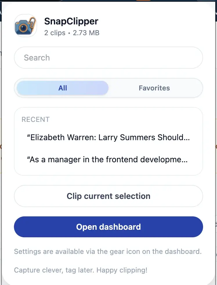 SnapClipper quick-clip widget - Chrome extension context menu for saving web content