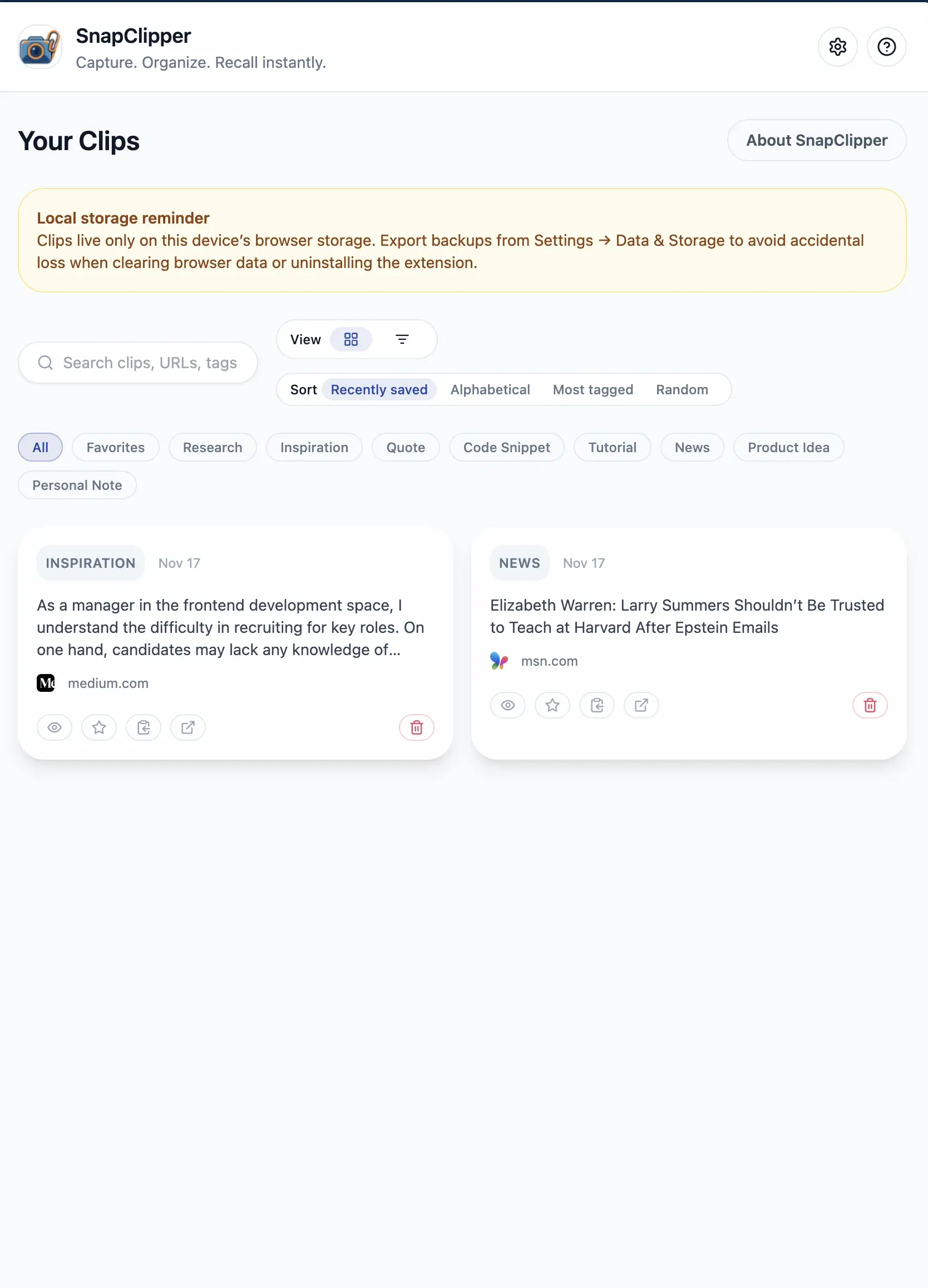 SnapClipper dashboard - web content organizer with AI tags and full-text search
