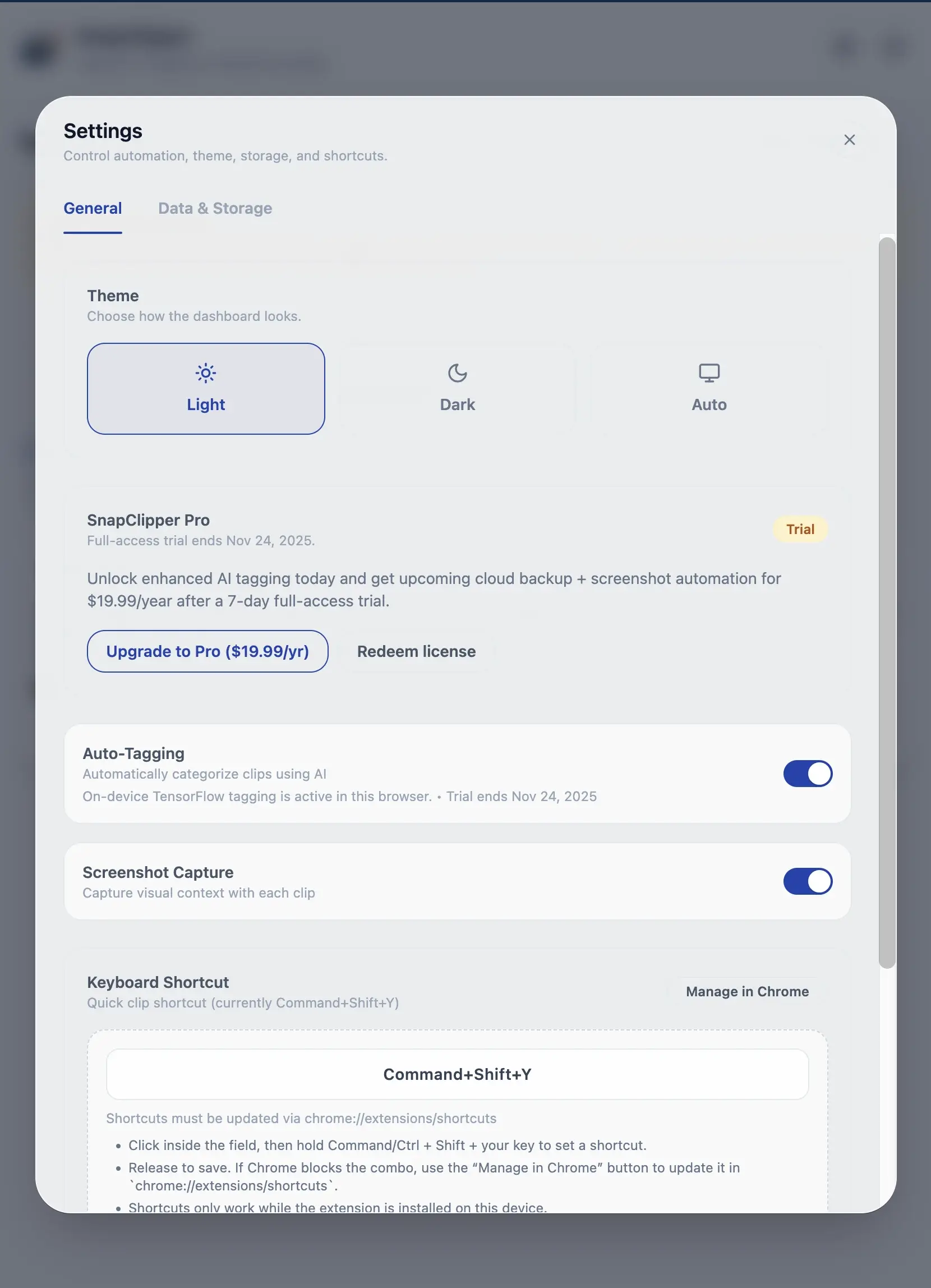 SnapClipper settings - theme controls, auto-tagging options, and privacy settings