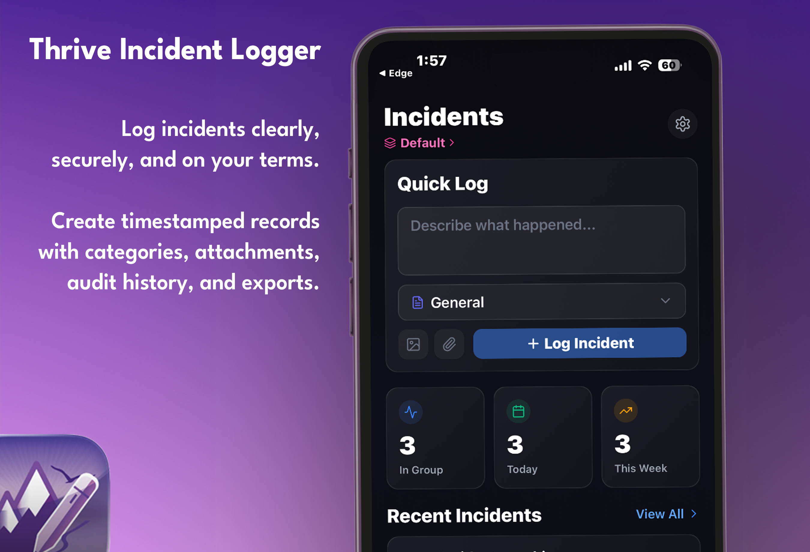 Thrive Incident Logger mobile app screens